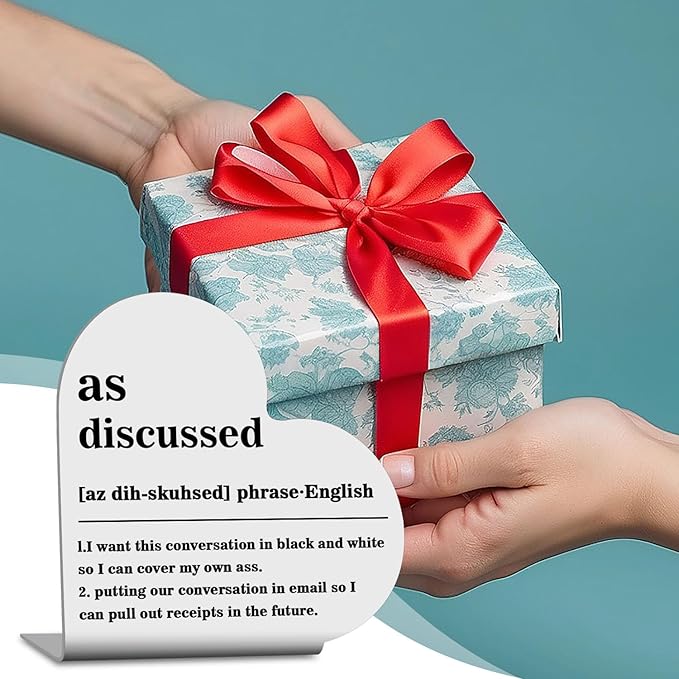 Funny Office Home Decor, Home Office Desk Accessories for Women Men, Heart Stainless Steel Plaque Sign for Desk Table Book Shelf Decor(As Discussed Noun Definition)