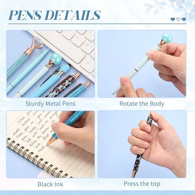 6 Pcs Ballpoint Pens Set Metal Crystal Diamond Pen for Journaling Glitter Pretty Cute Stationery Black Ink Fancy Gifts for Women Girls Teacher Office Wedding School Supplies(Blue Series)