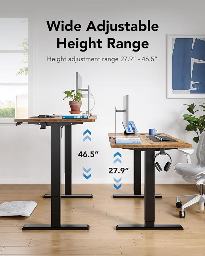 HUANUO 55" x 28" Electric Standing Desk Adjustable Height, 4 Memory Height Settings, Headphone Hook, Cable Manager, Sit Stand Up Desk for Home Office & Computer Workstation, Vintage Brown