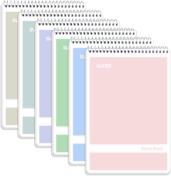 SUNEE Steno Pads 6x9 6 Pack, Gregg Rule, 60 Sheets, 6 Assorted Color Spiral Notebook 6x9, White Paper, Take Notes with Top Spiral Notebook, for School, University, College, Work, Office