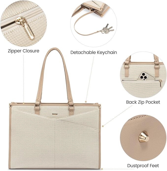 LOVEVOOK Laptop Bag for Women, 15.6 inch Laptop Tote Work Teacher Bags Cancas Computer Shoulder Bag,Canvas/Apricot Beige