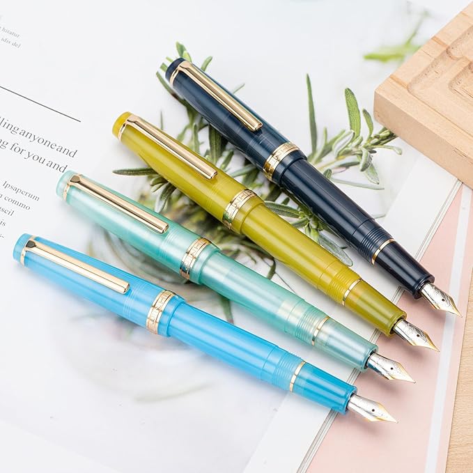 Jinhao 82 Acrylic Fountain Pen, Iridium Fine Nib with Ink Converter, Transparent Lake Blue Classic Design Smooth Writing Pen (Gold Trim)