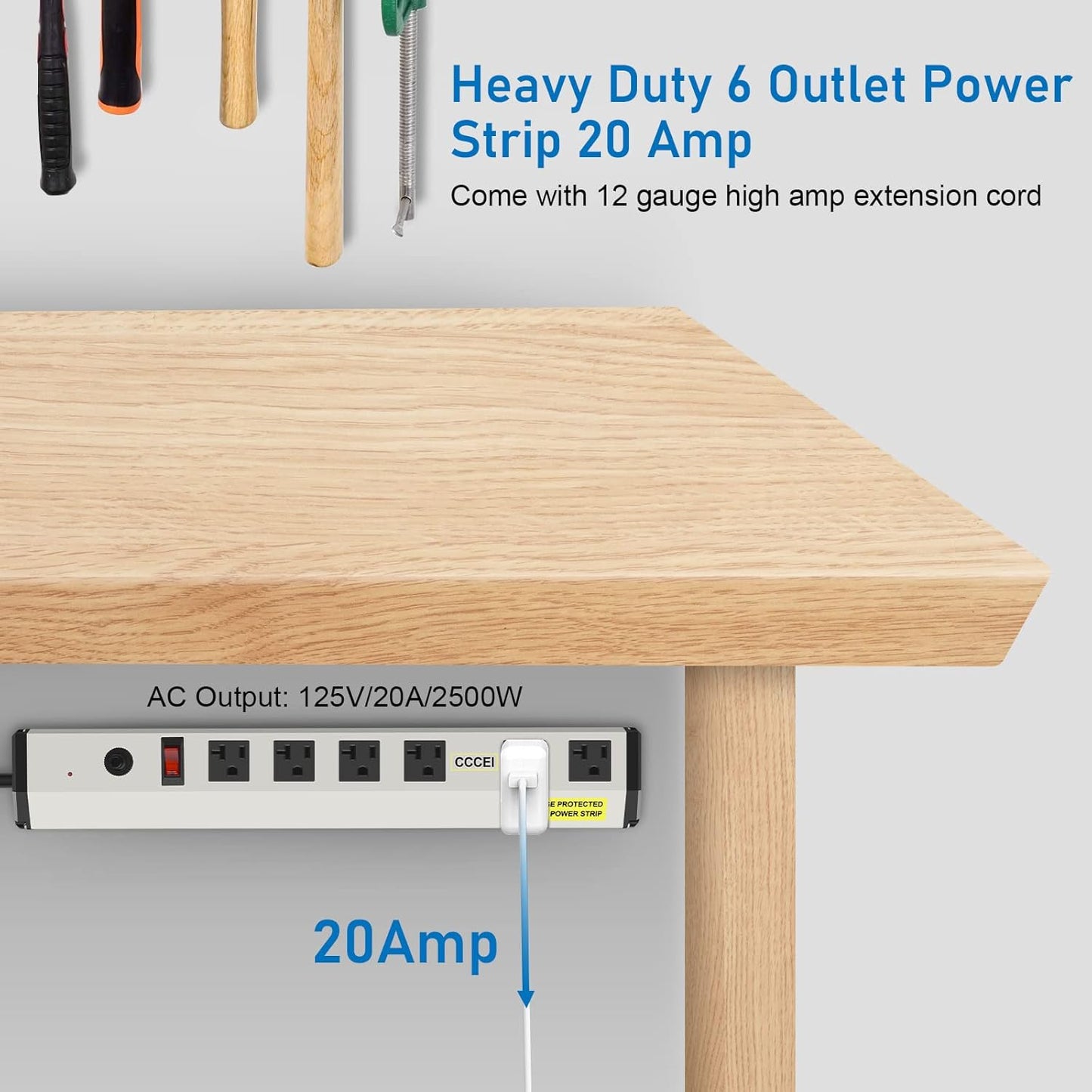 CCCEI Heavy Duty Power Strip Surge Protector 20 Amp, High Amp Industrial Shop Garage Metal Multiple Outlets, 6 FT 12 Gauge 5-15P Extension Cord 6 Outlet 6-20R T-Slot 20a for Appliance.