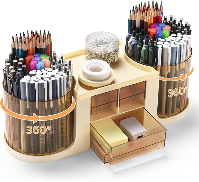Rotating Desk Organizer with 2 Pen Holder, Desk Organizers and Accessories with 10 Slots Pencil Holder for Desk + 3 Drawer, Art Supply Storage Box Caddy for Office School Home (Beige)