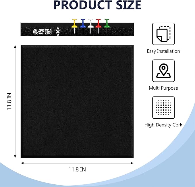 4 Pack Cork Board Tiles 12x12 Inches, 1/2" Thick Felt Cork Squares with 30 Push Pins, Bulletin Board Pin Board, Adhesive Cork Board for for Wall for Home, Office, and Kitchen (Black)