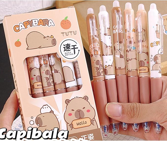 6 Pcs Erasable Gel Pens Capybara Erasable Retractable Cute Pens Cartoon Pens 0.5mm Black Ink Pen Office School Pens Women Girls Boys Pens (Black Ink-Capybara)