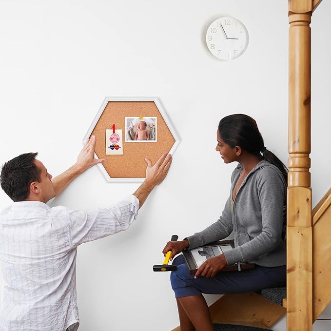 EVNEED 4 Pack Cork Bulletin Board Hexagon, Small Framed Corkboard Tiles for Wall, Thick Decorative Display Boards for Home School Office,School Message Board with 16 Push Pin Wood Clips,White