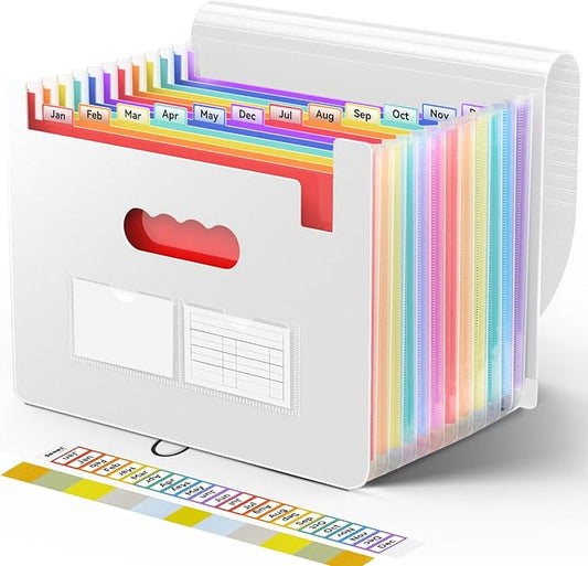 Sooez Accordion File Organizer, 12 Pockets Expanding File Folder, Portable Monthly Paper Bill Tax Receipt Organizer, Letter A4 Size Document Holder with Blank Labels, White