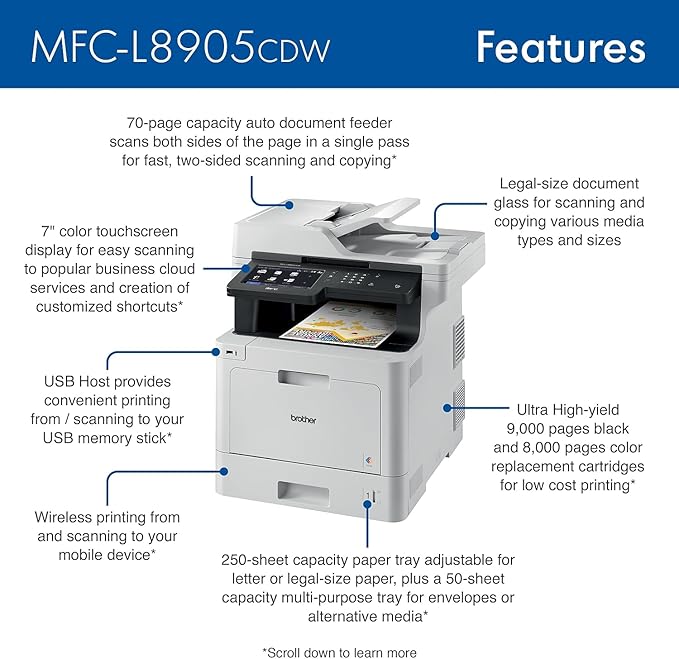 Brother MFC‐L8905CDW Business Color Laser All‐in‐One Printer, 7” Touchscreen Display, Duplex Print/Scan, Wireless, White