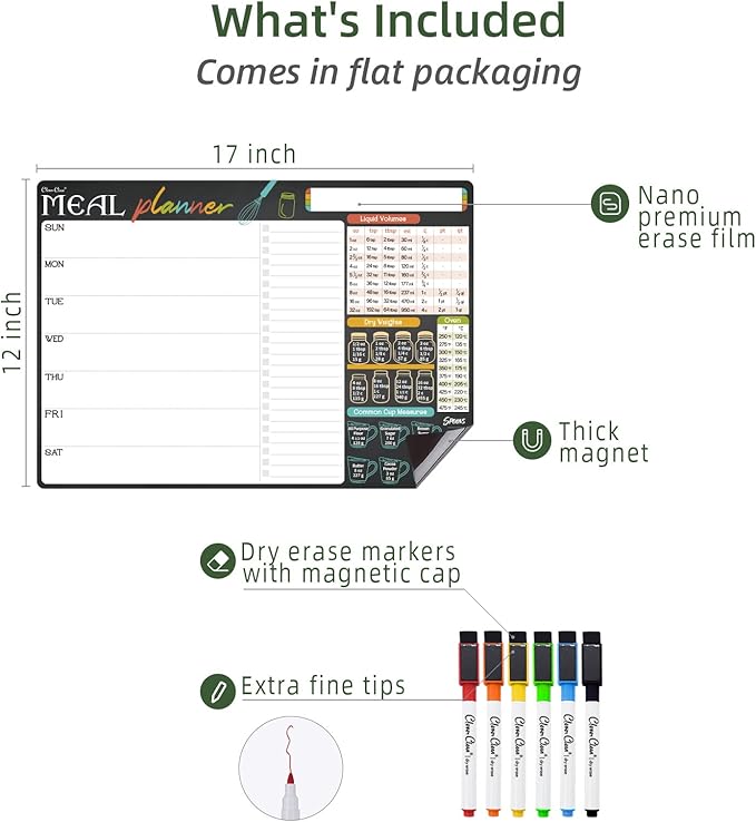 Magnetic Dry Erase Menu Board - 17"x12" Meal Planning Board for Fridge - 6 Extra Fine Point Markers Included - Shipped Flat