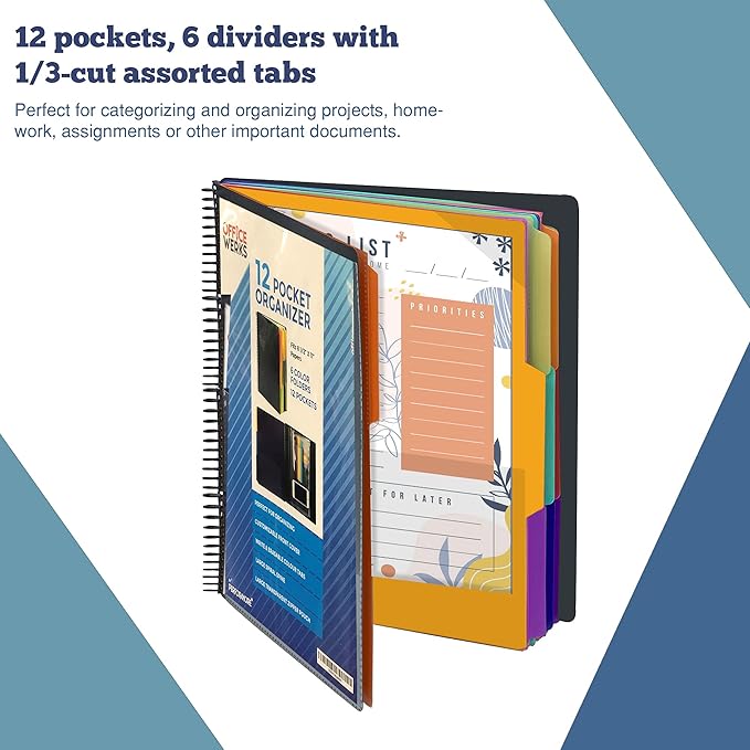 Performore - 12 Pocket Spiral Subject Organizer with 6 Dividers, Folder Organizer Binder with Front Cover Pocket and Customizable Cover, Erasable Write On Tabs for Documents Files Projects