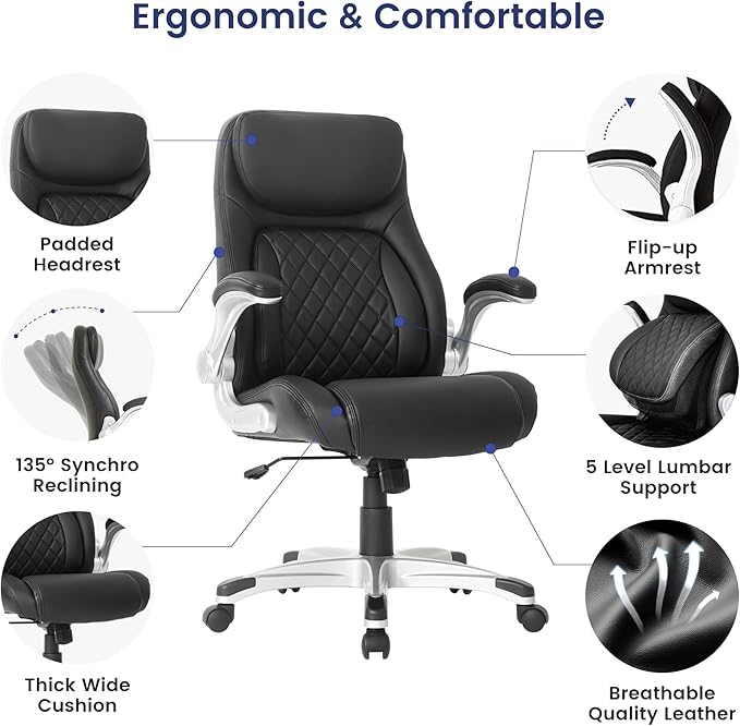 Nouhaus Ergonomic Office Chair Premium Microfiber Leather Adjustable Lumbar Support & Armrests, High Back Comfy Desk Gaming Chairs Executive Computer Swivel Chair Tilt Function(Posture,Black)