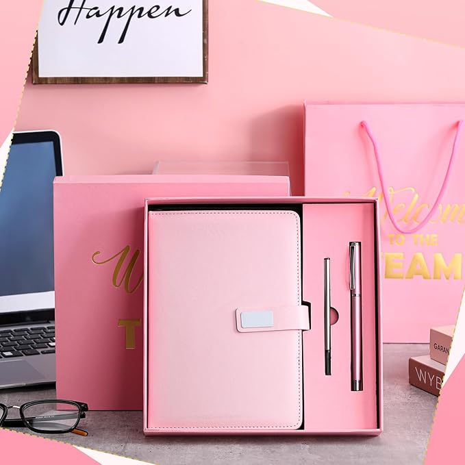 SaieGlossy New Employee Welcome to The Team Gift Sets Notebook and Pen Welcome to The Team Box Employee Appreciation Gift Sets for New Office Worker(Pink)