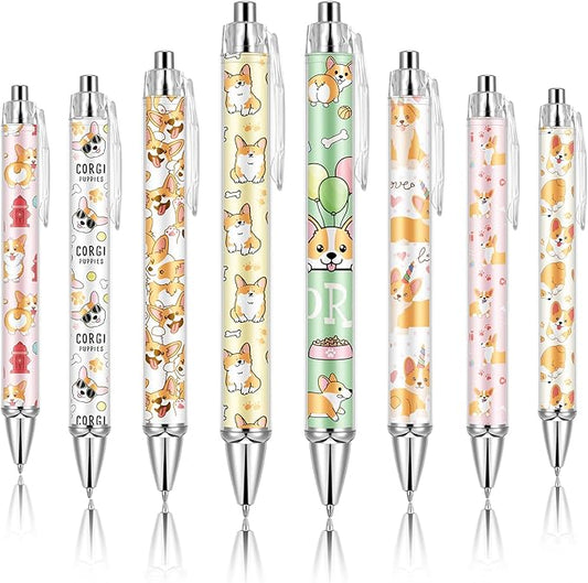 Ireer 8 Pcs Ballpoint Pens for Women 1.00 mm Cute Black Ink Fancy Pens Fine Point Smooth Writing for Journaling Aesthetic Office Supplies(Corgi)