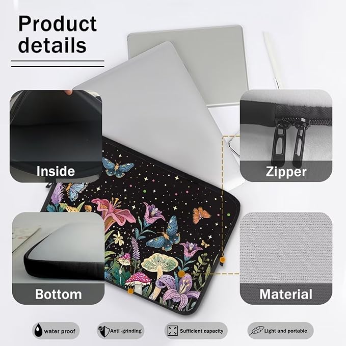 Butterfly Flower Laptop Sleeve for Women 13 inch Lap Top Case Portable Laptop Protector Zippered Pouches with Humanize Design Computer Carrying Case Star Briefcase