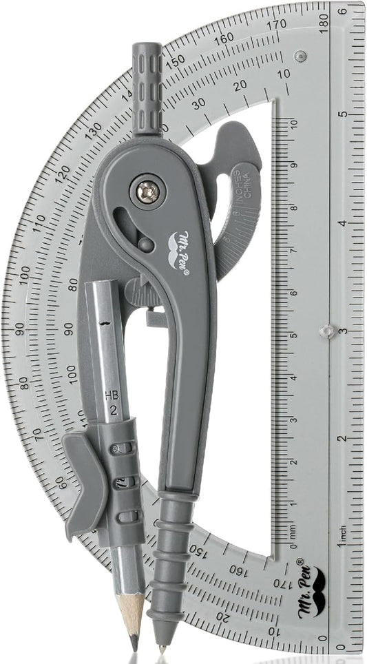 Mr. Pen- Compass and Protractor Set, Shuttle Grey, Compass Geometry Tool, Protractor and Compass Set, Compass Drawing Tool, Drawing Compass, Geometry Compass, Math Compass for Geometry