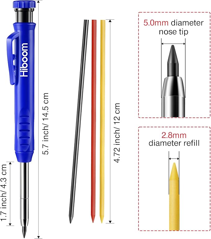 Hiboom 3 Pack Solid Carpenter Pencil with 21 Refill, Long Nosed Deep Hole Mechanical Pencil Marker with Built in Sharpener for Carpenter, Design Patent (Blue, Red, Black Cover)
