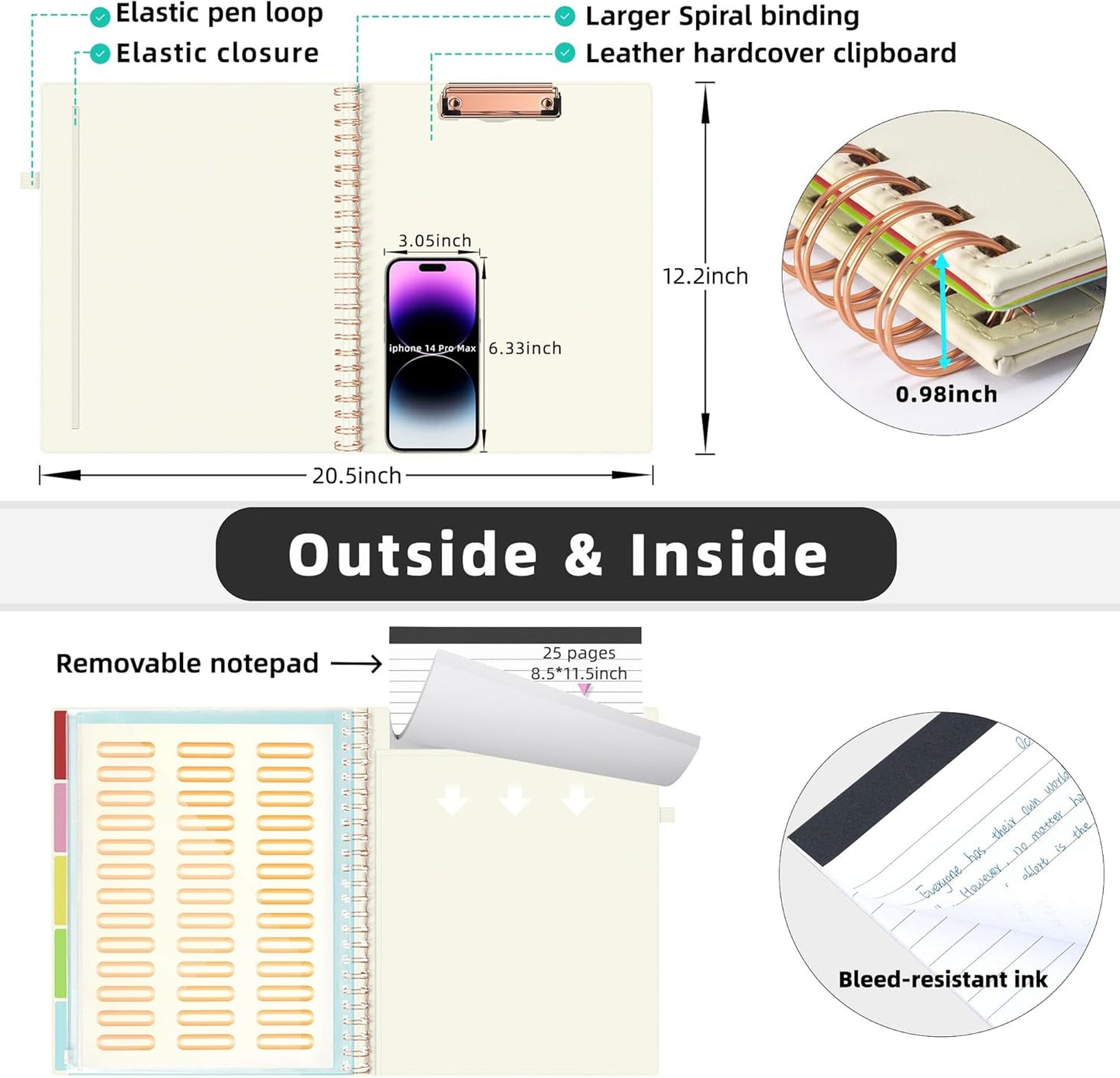 Ospelelf Leather Clipboard Folio with with Storage Zipper Pouch, Spiral Clipboard Folder with Notepad for Letter Size, 5 Folders with 10 Pockets, 39 Divider Label Stickers (Beige)