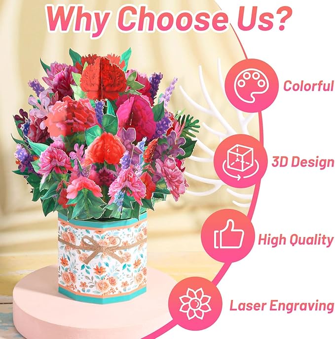 Get Well Soon Pop Up Card, 3D Flower Bouquet Greeting Cards For Women with Note Card and Envelope for All Occasion, Mother's Day, Birthday Card for Mom, Thinking of you, Teacher Appreciation Gift