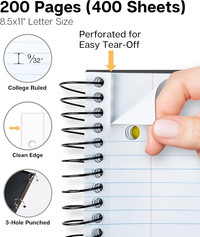 Dunwell 5-Subject Notebook, College Ruled, Colorful Movable Pocket Dividers with Tabs, Front/Back Plastic Covers, 200 Sheets (400 Pages) of 3-Hole Punch Perforated 8.5x11 Paper
