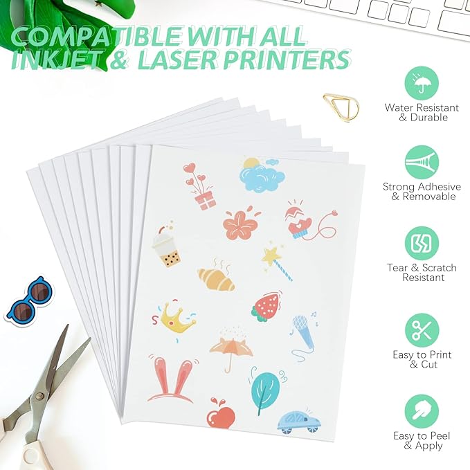 HTVRONT Printable Vinyl Sticker Paper - 8.5"x11" Matte Printable Vinyl for Inkjet Printer - 100 g Dries Quickly and Holds Ink Beautifully 25Pcs