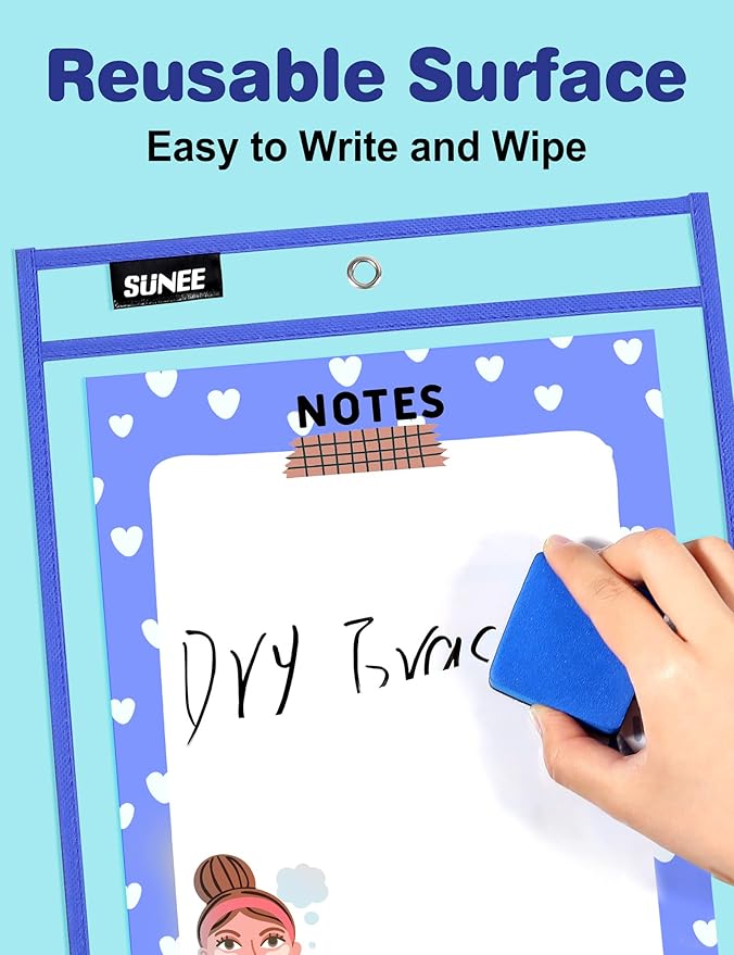 SUNEE 35 Packs Oversized Reusable Dry Erase Pocket Sleeves with 2 Rings, 10 Assorted Colors 10x14 Ticket Holders, Clear Plastic Sheet Protectors, Teacher School Classroom Supplies