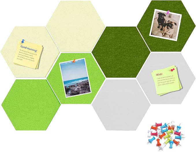 12" Large Bulletin Board with 30 Push Pins, Pack of 8 Hexagon Felt Pin Board Notice Boards for Home Office Kitchen, Felt Wall Tiles for Photos Memos (White Green)