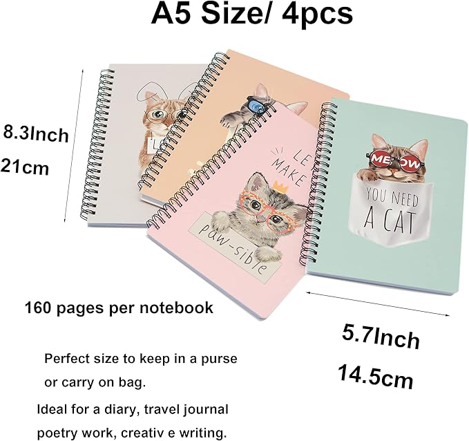 Yansanido Spiral Notebook, 4 Pcs A5 Thick Cat Design Hardcover 8mm Ruled 4 Color 80 Sheets -160 Pages Journals for Study and Notes (Cat)