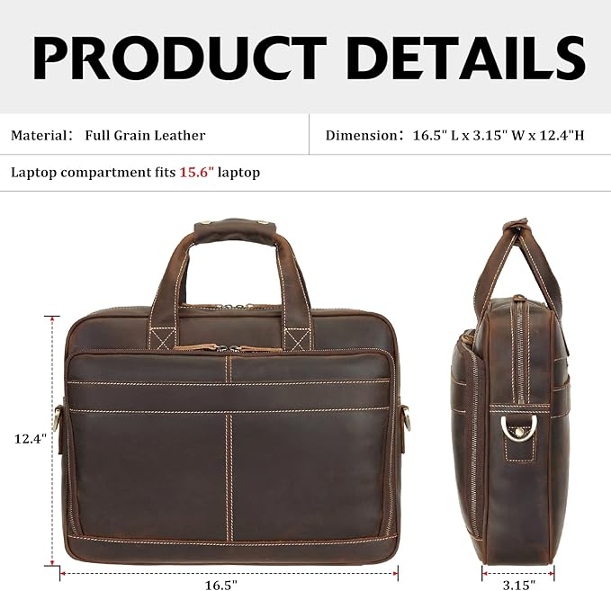 Polare Full Grain Leather 16.5'' Laptop Bag Briefcase for Men Business Messenger Work Bag Fits 15.6'' Laptop