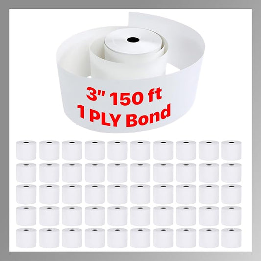 3" x 150' 1 Ply Bond 50 Rolls White Paper Kitchen Receipt POS System Cash Register Compatible with Clover Epson SNBC Star Sam4s Ellix Bixolon Impact Printers SP700 ERC30 34 38 (50 Rolls)