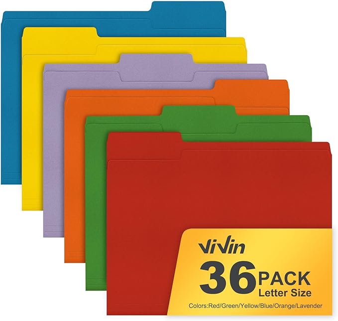 ViVin File Folders, Fits 8.5 x 11 Letter Size Paper, 1/3-Cut Tabs, 36 Pack Manilla Colored File Folders, Perfect for Home, Office, and School Documents File Paper(Multicolored)