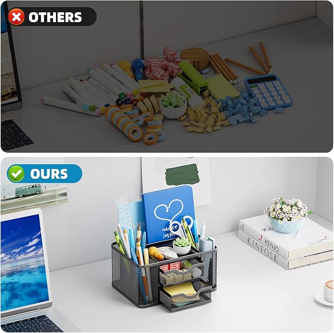Marbrasse Mesh Desk Organizer, Pen Organizer with 2 Drawer, Multi-Functional Pencil Holder for Desk, Desk Organizers and Accessories with 5 Compartments + Drawer for Office Art Supplies (Black)