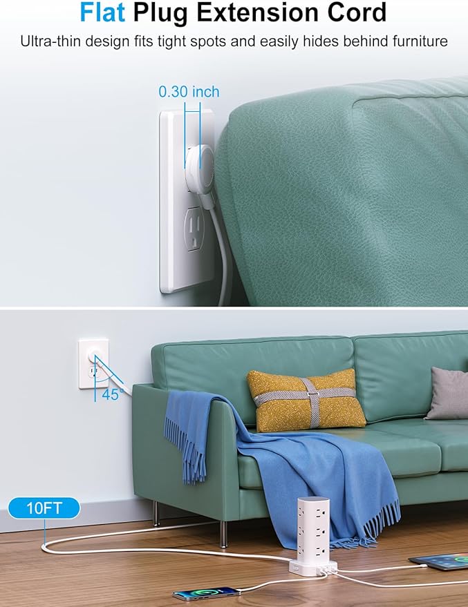 Power Strip with Wireless Charger, Flat Plug Surge Protector with 10FT Extension Cord, 12 AC Multiple Outlets, 4 USB (2 USB C), 15W Wireless Charging Power Tower for Home Office Dorm, White