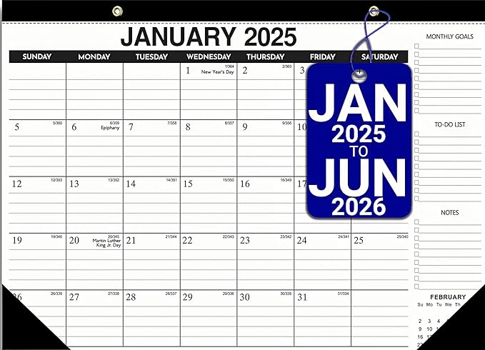Desk Calendar 2025-2026 - 18-Month Desk/Wall Calendar, Jan 2025 - June 2026, 17" x 11.5", Thick Paper, Large Ruled Blocks, Clear Plastic Cover for Home School Office Easy Organizing