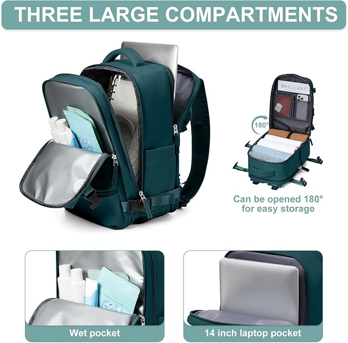 Travel Backpack Simple Durable Carry On Backpack with Shoe Compartment, Personal Item Travel Bag Flight Approved, Water Resistant Laptop Backpack for Women Men Weekender Business, Peacock Blue