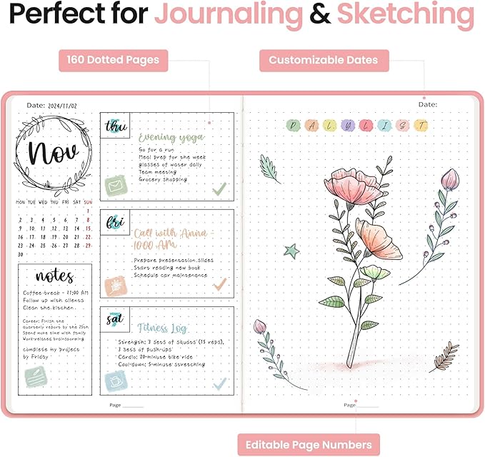 Bullet Dotted Journal Notebook for Women & Men, Hardcover Leather Journal for Writing, A5 Bullet Journaling Notebook for Work & Sketching, Perfect for Office School Home Supplies, 160 Pages, Pink