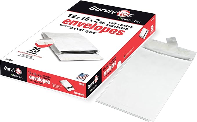 Quality Park Survivor 12 x 16 x 2 Tyvek Expansion Catalog Mailers with Self Seal Closure, 14 lb, Puncture, Tear and Moisture Resistant Dupont Tyvek Envelopes, 25/Box (R4292)