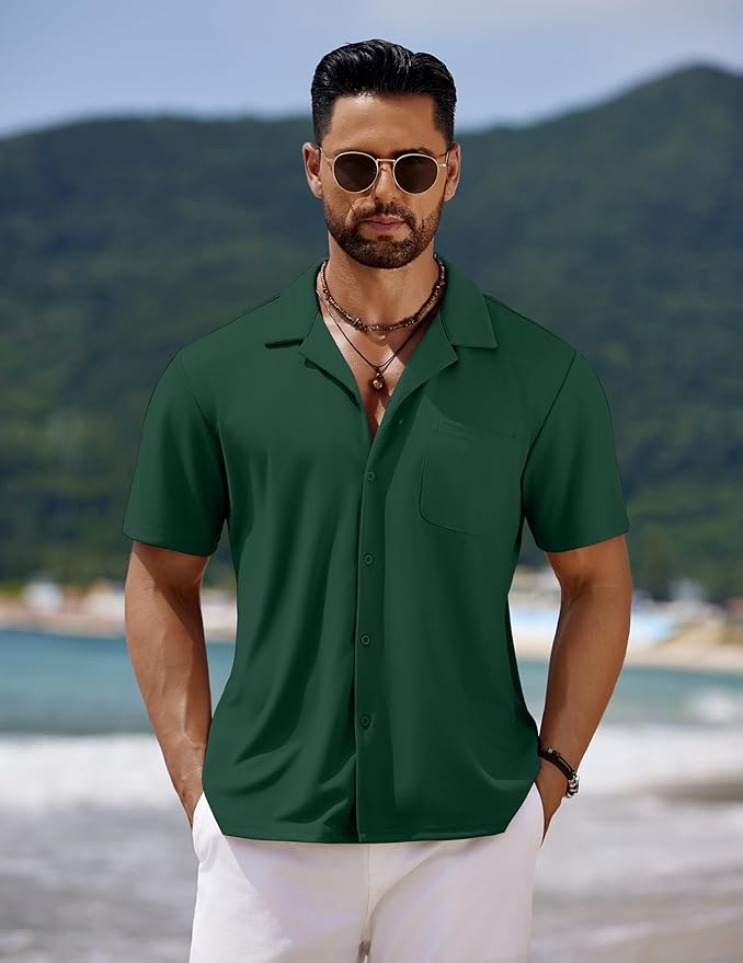 COOFANDY Men's Casual Cuban Guayabera Shirt Short Sleeve Button Down Shirts Summer Beach Shirts Vocation Vintage Shirts