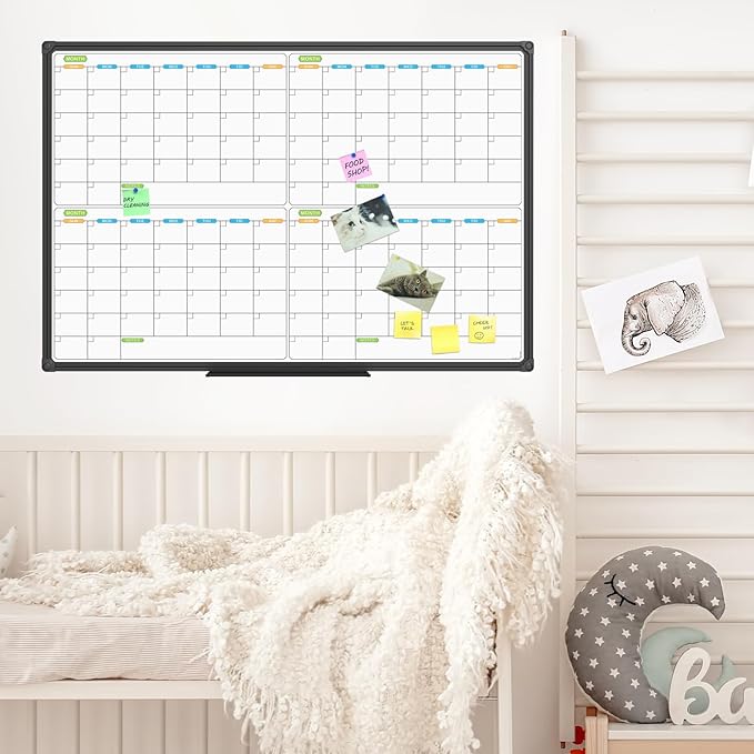 JILoffice Magnetic Dry Erase Calendar Whiteboard, 4 Month White Board Planner 36 X 24 Inch, Black Aluminum Frame Wall Mounted Board for Office Home and School