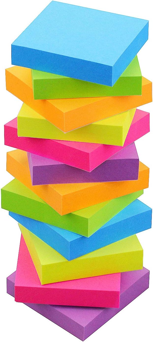 Sticky Notes 2x2, 6 Color Bright Colorful Sticky Pad, 12 Pads/Pack, 100 Sheets/Pad, Self-Sticky Note Pads (Green, Yellow, Blue, Orange, Purple, Rose)