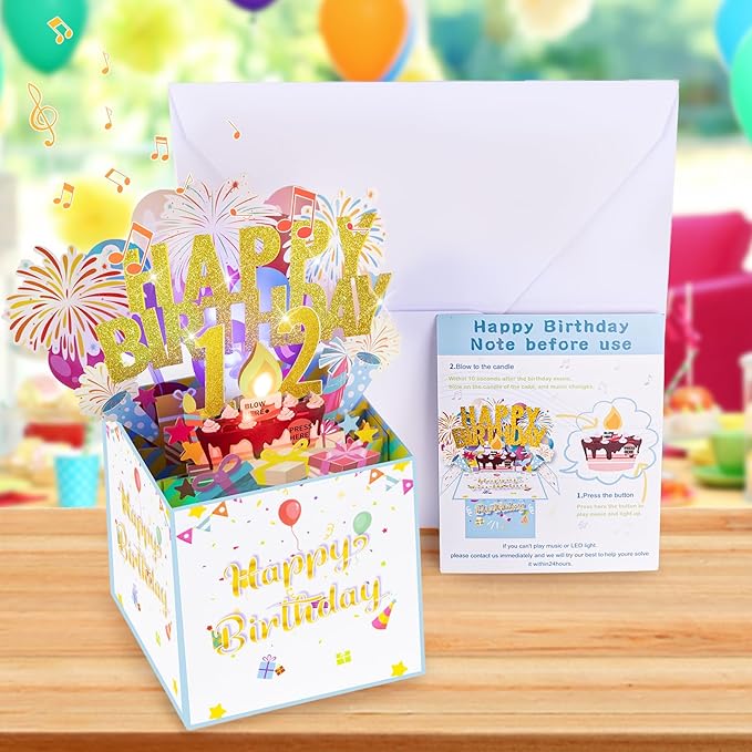 Tnvee 12TH Birthday Cards with Lights Music, 3D Pop Up Singing Happy Birthday Greeting Cards Gifts Ideal for 12 Year Old Kids Boy Girl