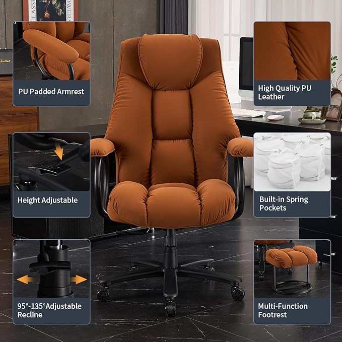 Office Chair Big and Tall, High Back Home Office Chair 400 lbs, Executive Office Chair with Ottoman, Ergonomic Office Chair with Padded Armrest, Swivel Computer Chair PU Leather (Khaki)