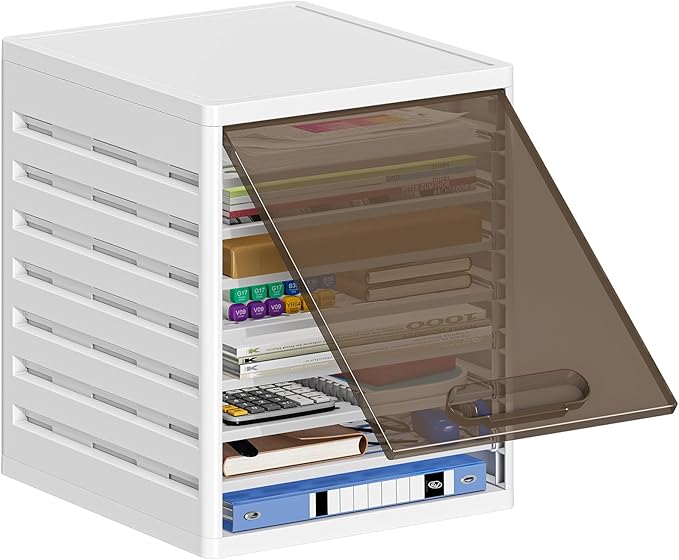 5 Tray Paper Organizer with Doors - Desktop File/Letter Organizer, Plastic Paper Sorter with Drawers for Office, Home or School - Dust-Proof Design