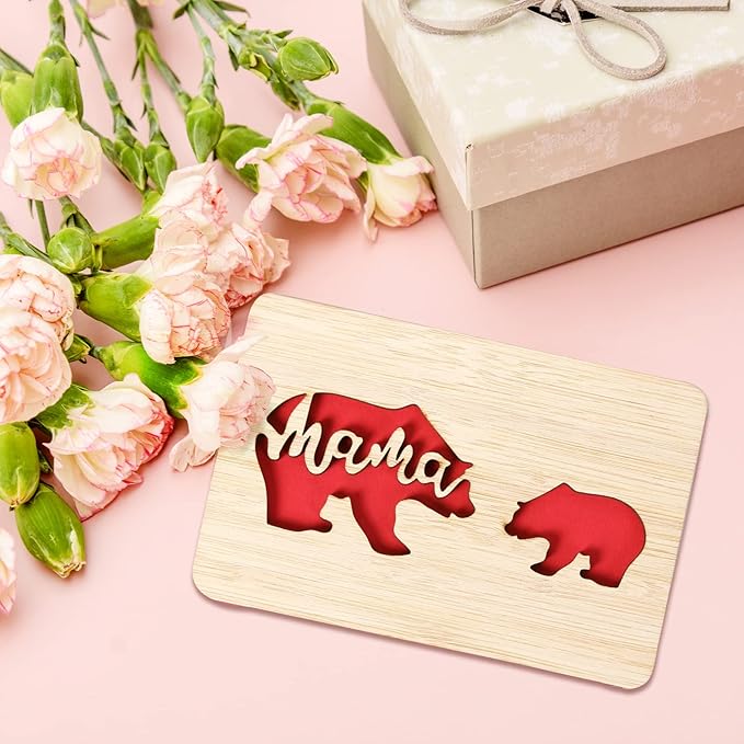 Handmade Birthday Card,Wooden Mother's Day Card from Daughter or Son,Mother's Day Gifts for Mum from Kids,Lovely Bear Baby and Mom Pattern Design,Unique Birthday Presents for Mum