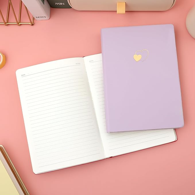 CAGIE Lined Journal Notebook for Women and Girls 256 Pages Cute Diary with Heart-Shaped Leather Journals for Writing A5 Soft Cover Notebooks for Work School (A Purple and Pink, A5)