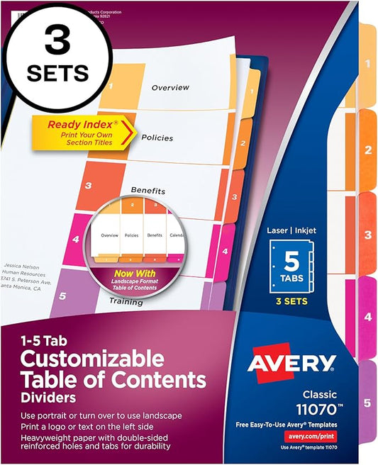 Avery 5 Tab Dividers for 3 Ring Binders, Customizable Table of Contents, Multicolor Tabs, 3 Sets (11070)