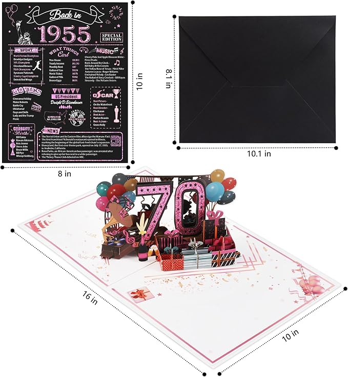 70th Birthday Card for Women, Jumbo 3D Pop Up 70th Birthday Gifts for Mom Grandma, Back In 1955 Happy 70 Year Old Sister Birthday Decorations Cards Card for Her, Rose Gold