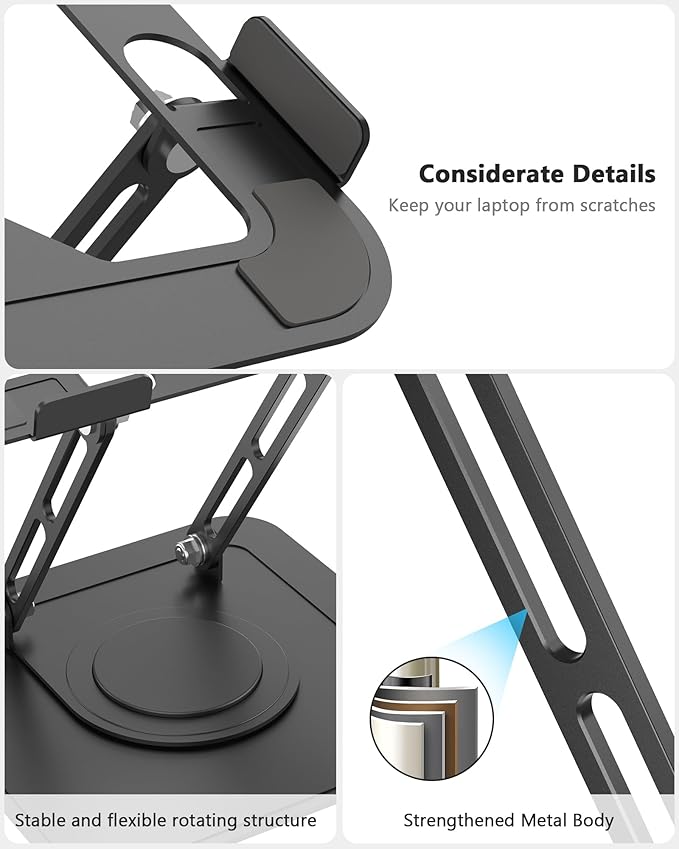 Adjustable Laptop Stand, Computer stand with 360 Rotating Base, Ergonomic Laptop Riser for Desk Foldable Laptop Mount Protable Computer Stand for Laptop Fits with MacBook Pro Air (10-16") - Black