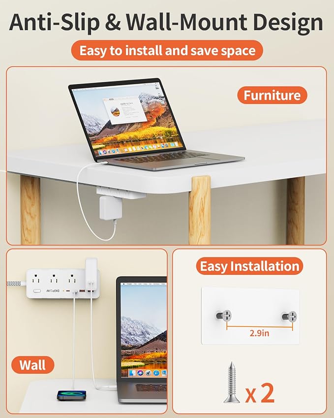 Power Strips with Surge Protection, 10 FT Braided Extension Cord with Multiple Outlets-8 AC Outlets 4 USB Ports (2 USB C), 1700 Joule Surge Protector with Flag Plug for Home Office, White