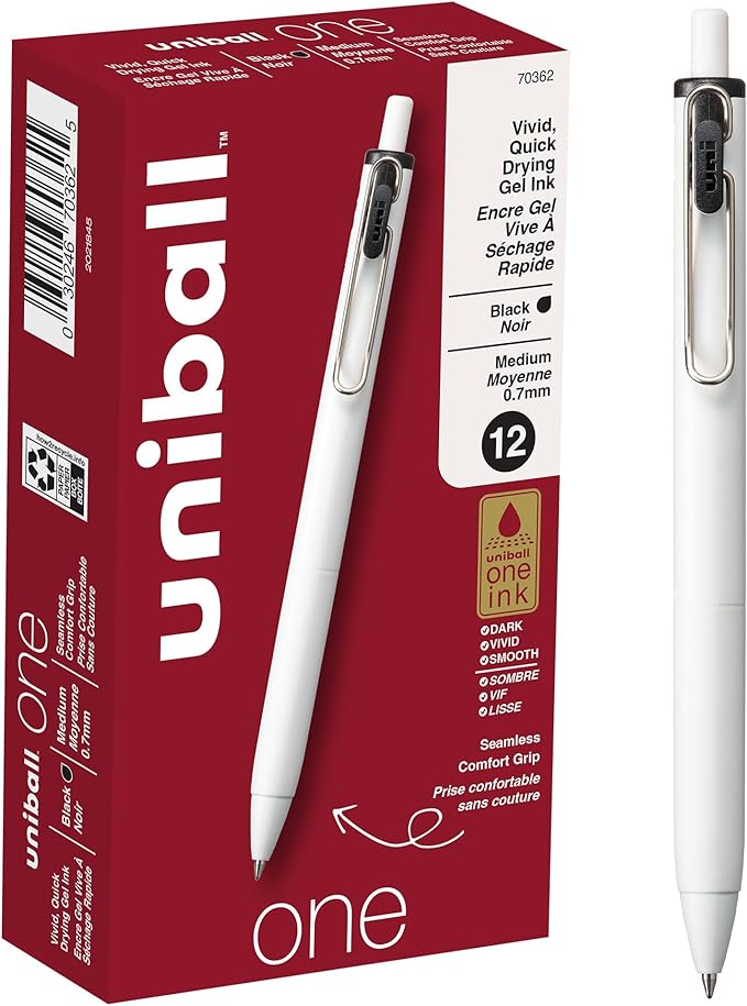 uniball uniONE Gel Pen, Retractable, Medium 0.7 mm, Black Ink, White Barrel, Dozen